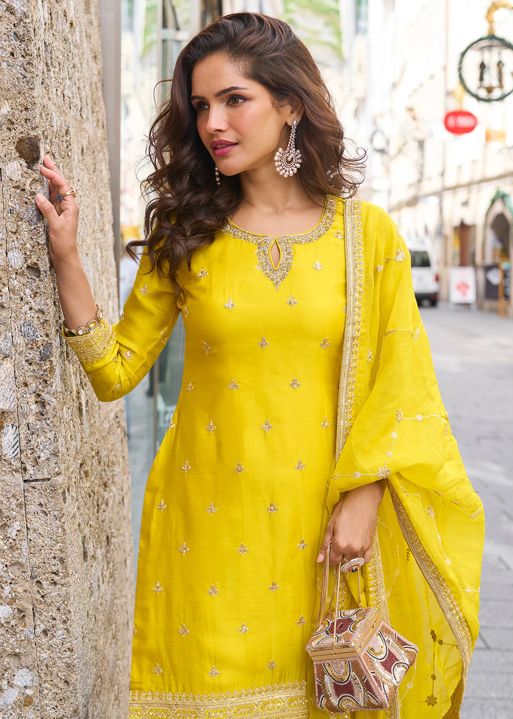 Designer Yellow Chinon Palazzo Suit With Dupatta for Punjabi Wedding