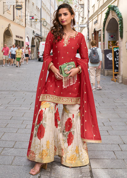Designer Red Chinon Palazzo Suit With Dupatta for Punjabi Wedding