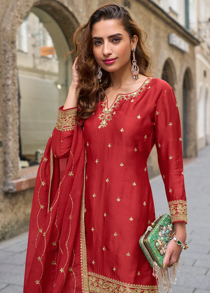 Designer Red Chinon Palazzo Suit With Dupatta for Punjabi Wedding