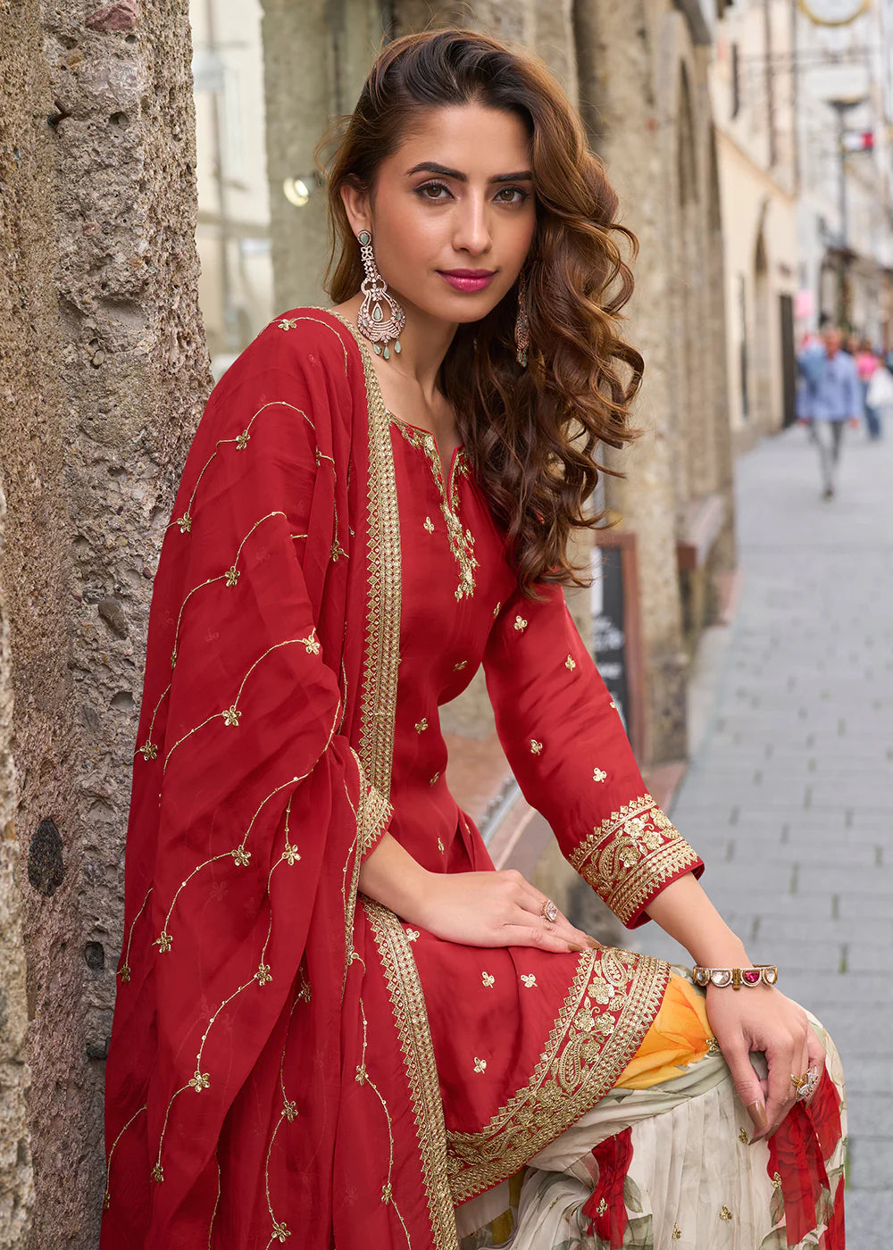 Designer Red Chinon Palazzo Suit With Dupatta for Punjabi Wedding