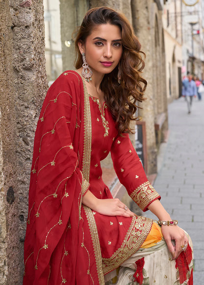 Designer Red Chinon Palazzo Suit With Dupatta for Punjabi Wedding