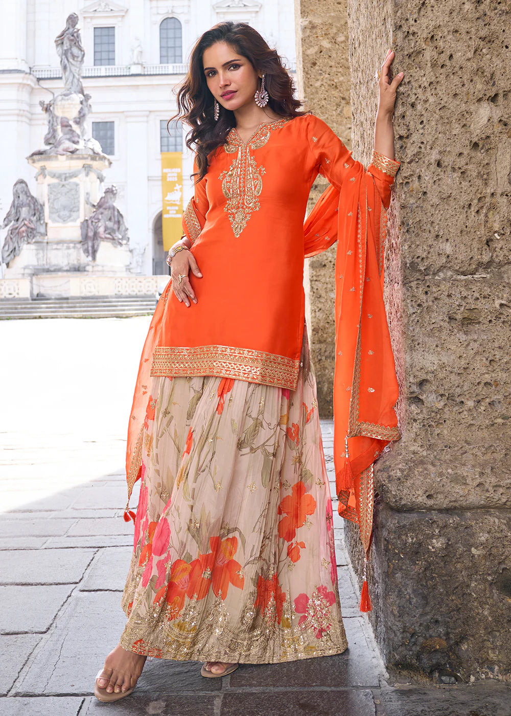 Designer Orange Chinon Palazzo Suit With Dupatta for Punjabi Wedding