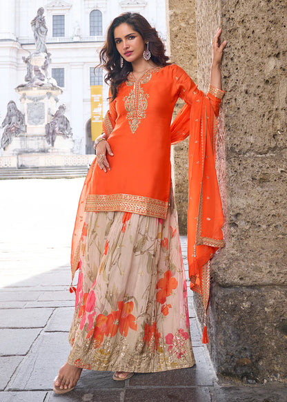 Designer Orange Chinon Palazzo Suit With Dupatta for Punjabi Wedding