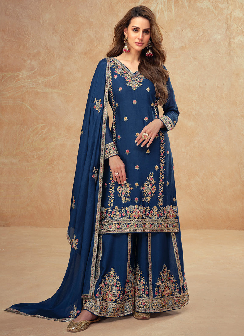 Shop Designer Navy Blue Chinnon Embroidery Sharara Suit with Dupatta for Indian Weddings and Pakistani Festivals 