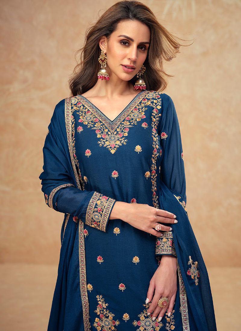 Designer Navy Blue Chinnon Embroidery Sharara Suit with Dupatta for Indian Weddings and Pakistani Festivals