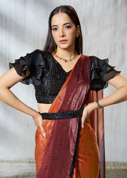 Party Wear Burnt Orange & Wine Silk Satin Ready-to-Wear Pre-Stitched Saree