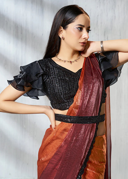 Party Wear Burnt Orange & Wine Silk Satin Ready-to-Wear Pre-Stitched Saree