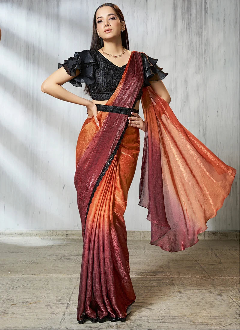 Party Wear Burnt Orange & Wine Silk Satin Ready-to-Wear Pre-Stitched Saree