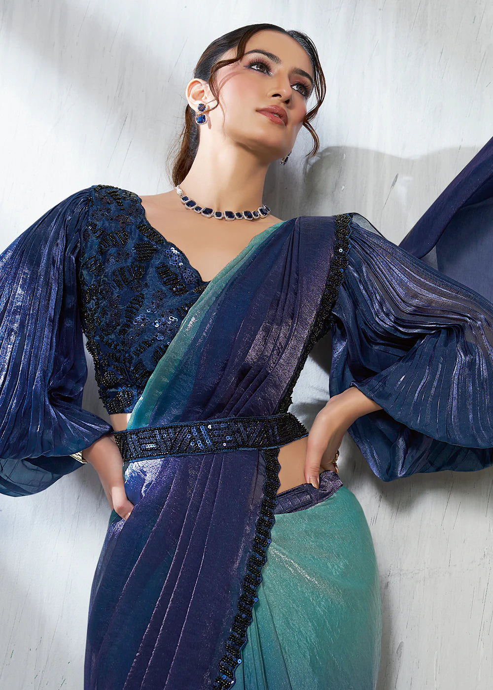 Navy Blue & Aqua Teal Silk Satin Ready-to-Wear Pre-Stitched Saree
