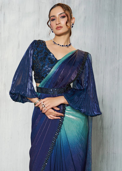 Navy Blue & Aqua Teal Silk Satin Ready-to-Wear Pre-Stitched Saree