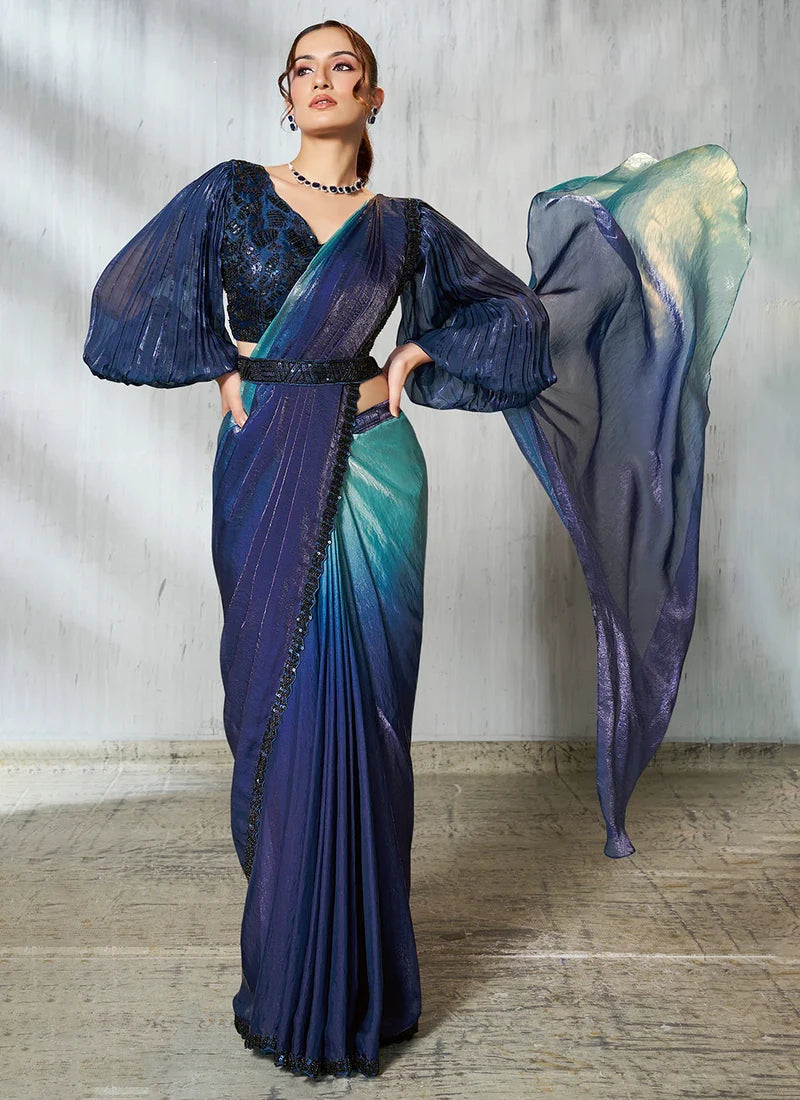 Navy Blue & Aqua Teal Silk Satin Ready-to-Wear Pre-Stitched Saree