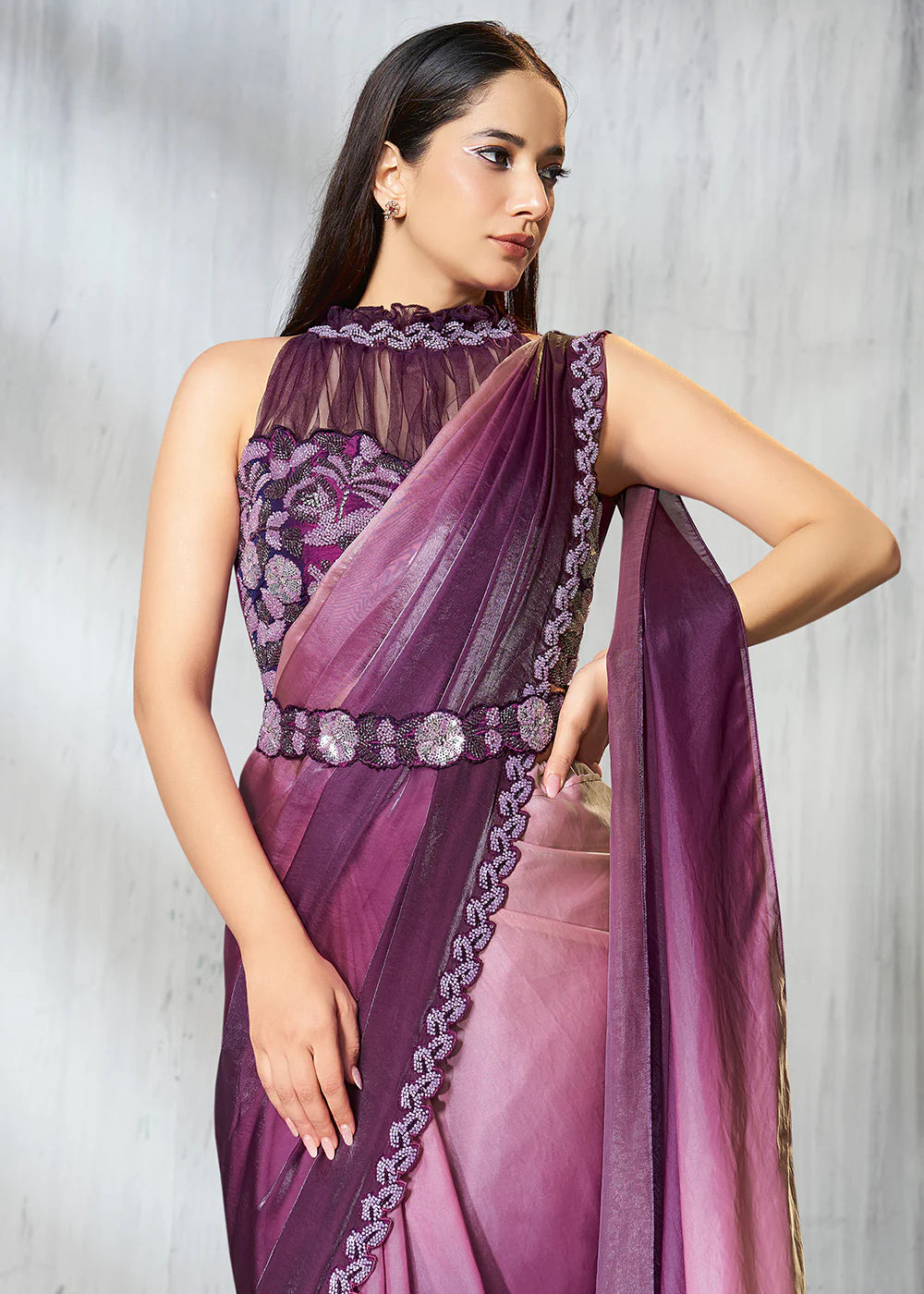 Party Wear Purple & Lavender Silk Satin Ready-to-Wear Pre-Stitched Saree