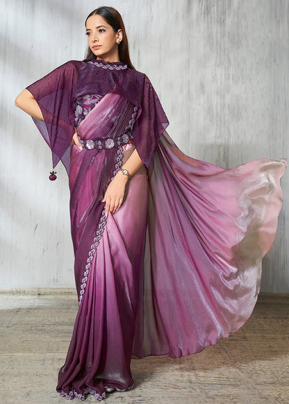Party Wear Purple & Lavender Silk Satin Ready-to-Wear Pre-Stitched Saree