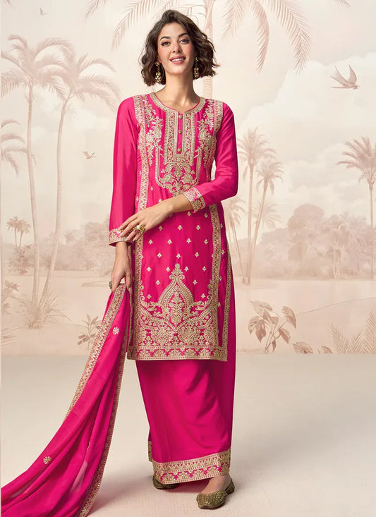 Hot Pink Chinnon Silk Palazzo Suit with Heavy Embroidery for Indian Weddings & Pakistani Festivals