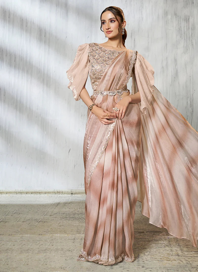 Party Wear Beige & Rose Gold Silk Satin Ready-to-Wear Pre-Stitched Saree