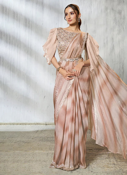 Party Wear Beige & Rose Gold Silk Satin Ready-to-Wear Pre-Stitched Saree