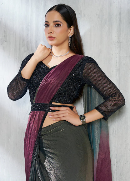 Party Wear Wine & Smoky Olive Grey Silk Satin Ready-to-Wear Pre-Stitched Saree