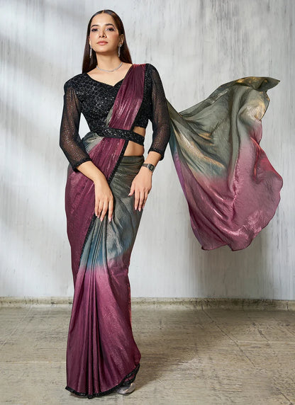 Party Wear Wine & Smoky Olive Grey Silk Satin Ready-to-Wear Pre-Stitched Saree