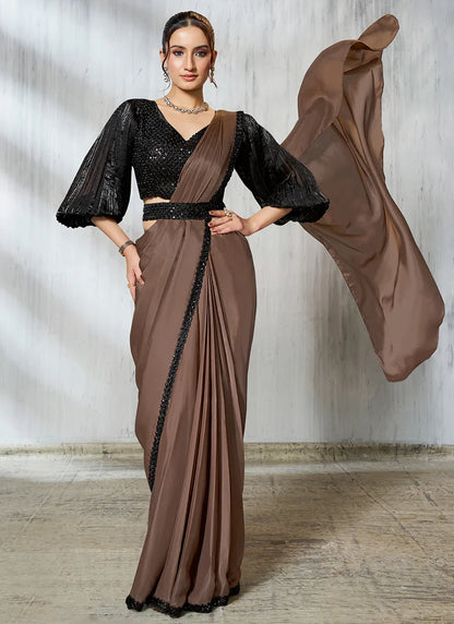 Party Wear Mocha Brown & Black Silk Satin Ready-to-Wear Pre-Stitched Saree