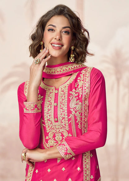 Hot Pink Chinnon Silk Palazzo Suit with Heavy Embroidery for Indian Weddings & Pakistani Festivals