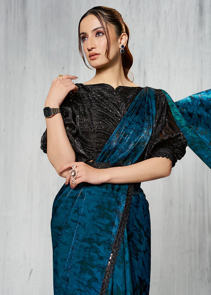 Designer Teal Blue Silk Satin Ready-to-Wear Pre-Stitched Saree with Black Blouse