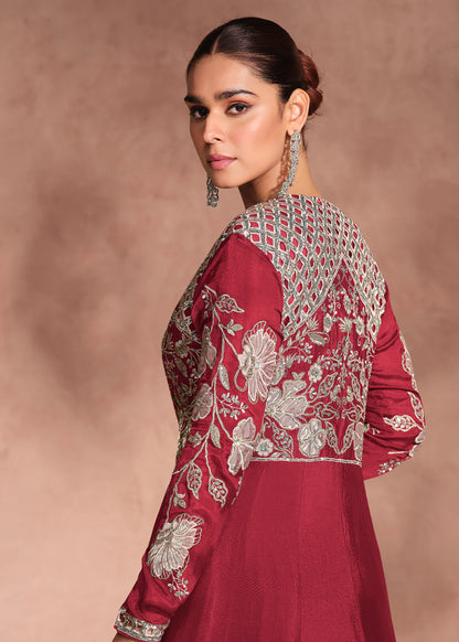 Designer Maroon Chinnon Silk Jacket Style Lehenga Choli For Indian Wedding
