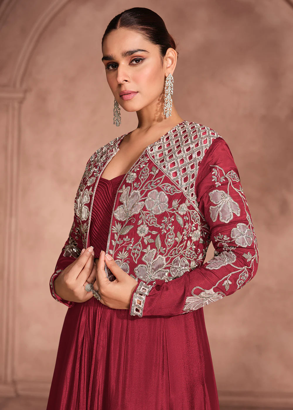 Designer Maroon Chinnon Silk Jacket Style Lehenga Choli For Indian Wedding