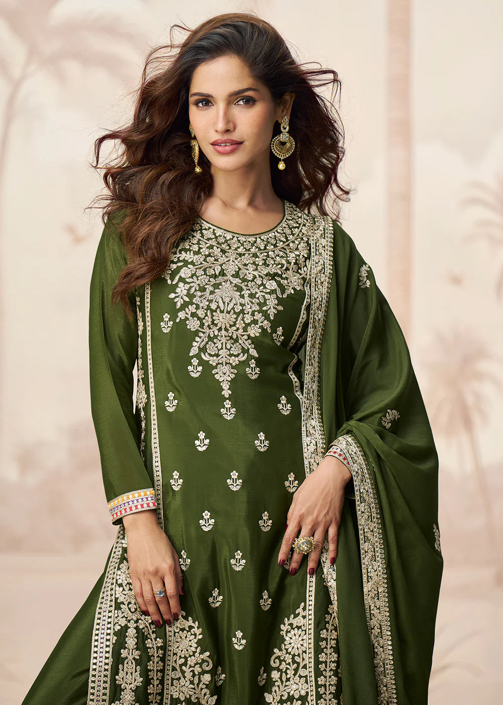 Olive Green Chinnon Silk Palazzo Suit with Zari Embroidery for Punjabi Festive & Wedding Wear