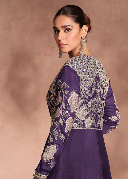 Designer Purple Chinnon Silk Jacket Style Lehenga Choli For Indian Wedding