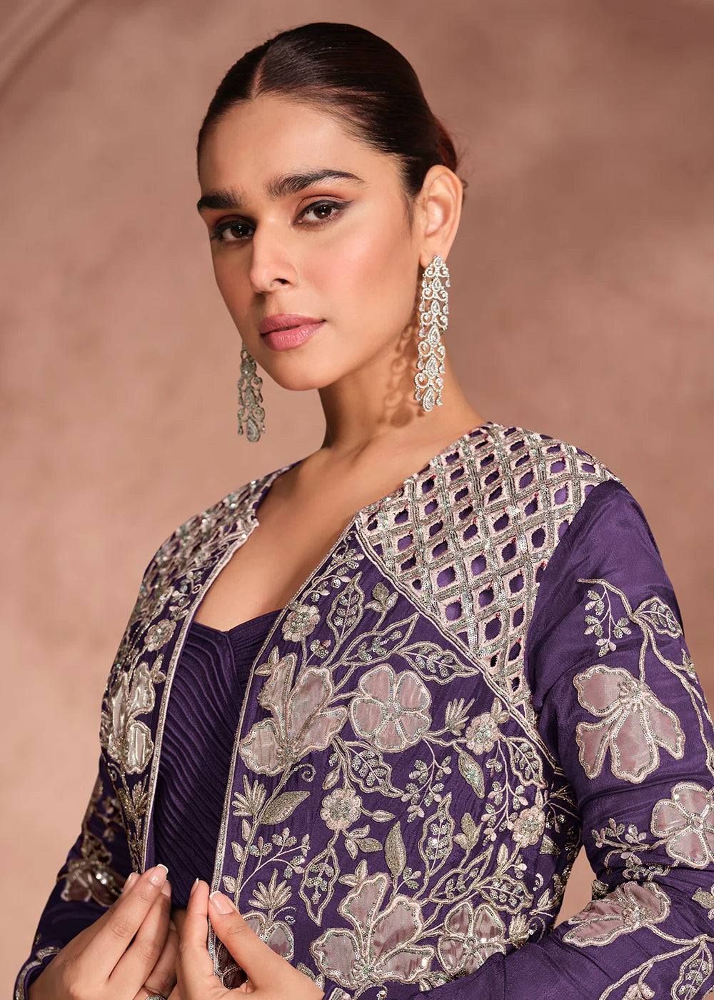 Designer Purple Chinnon Silk Jacket Style Lehenga Choli For Indian Wedding