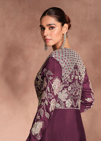 Designer Wine Chinnon Silk Jacket Style Lehenga Choli For Indian Wedding