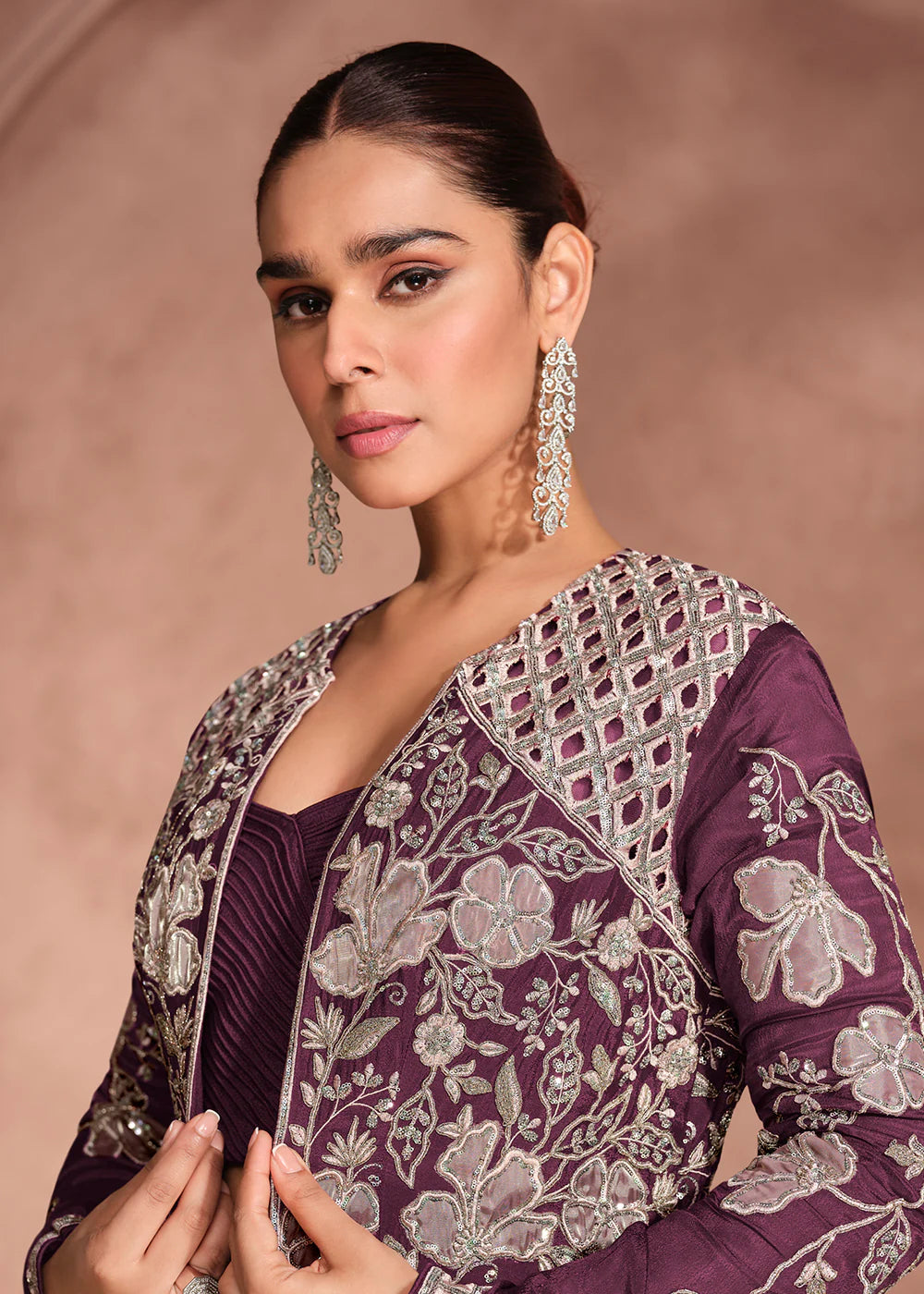 Designer Wine Chinnon Silk Jacket Style Lehenga Choli For Indian Wedding