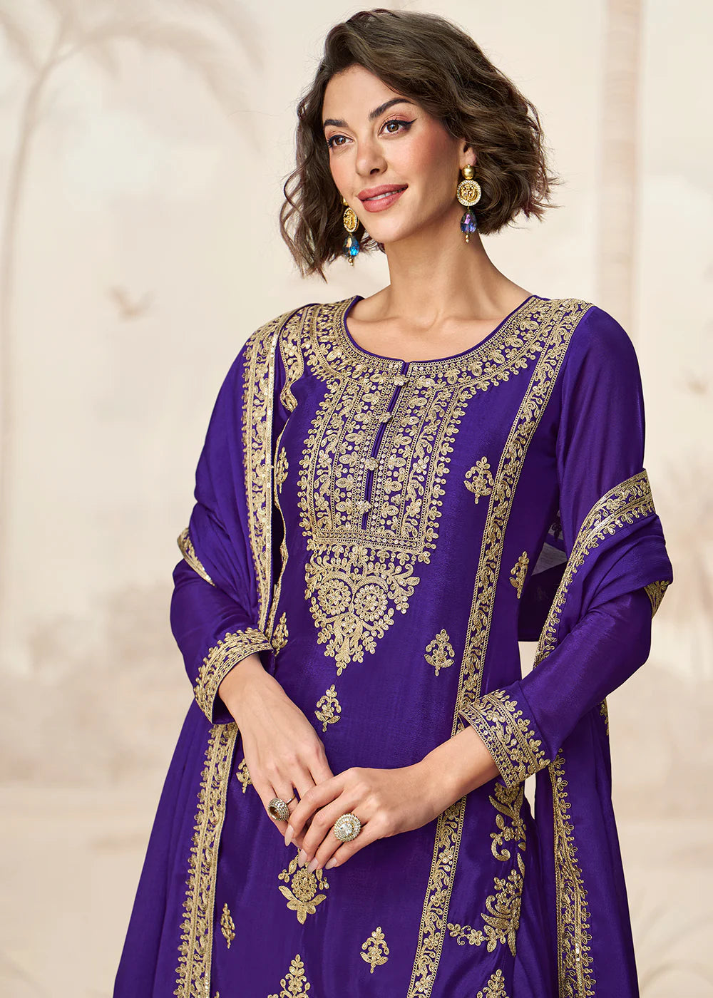 Royal Purple Chinnon Silk Palazzo Suit with Golden Embroidery for Cultural Events