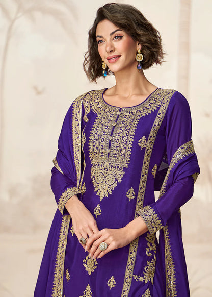 Royal Purple Chinnon Silk Palazzo Suit with Golden Embroidery for Cultural Events