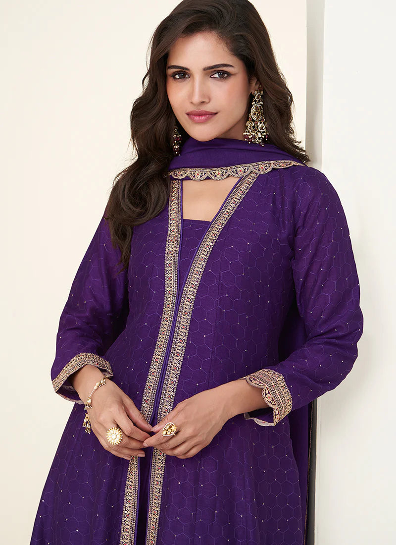 Purple Silk Anarkali Suit with Dupatta for Punjabi Wedding