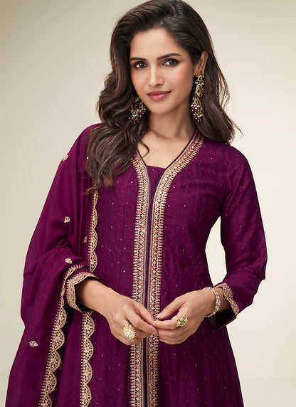 Wine Silk Anarkali Suit with Dupatta For Diwali Celebration