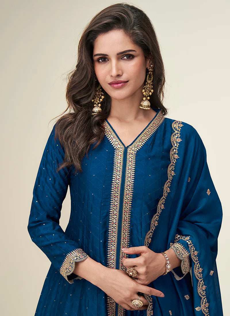 Navy Blue Silk Anarkali Suit with Dupatta For Indian Festival