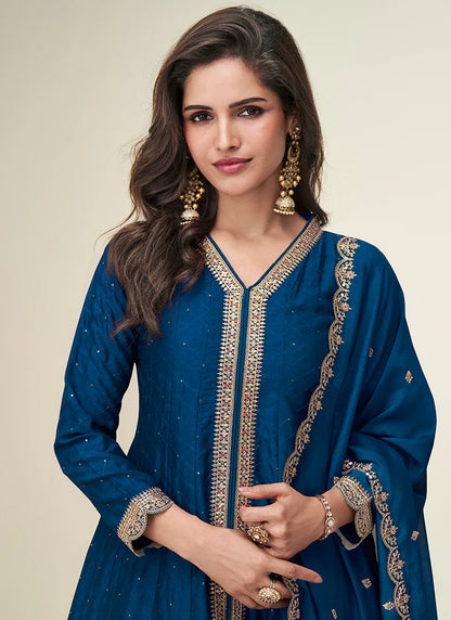 Navy Blue Silk Anarkali Suit with Dupatta For Indian Festival