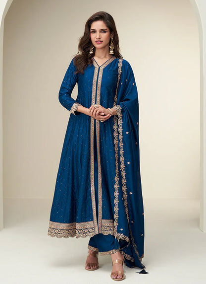 Navy Blue Silk Anarkali Suit with Dupatta For Indian Festival