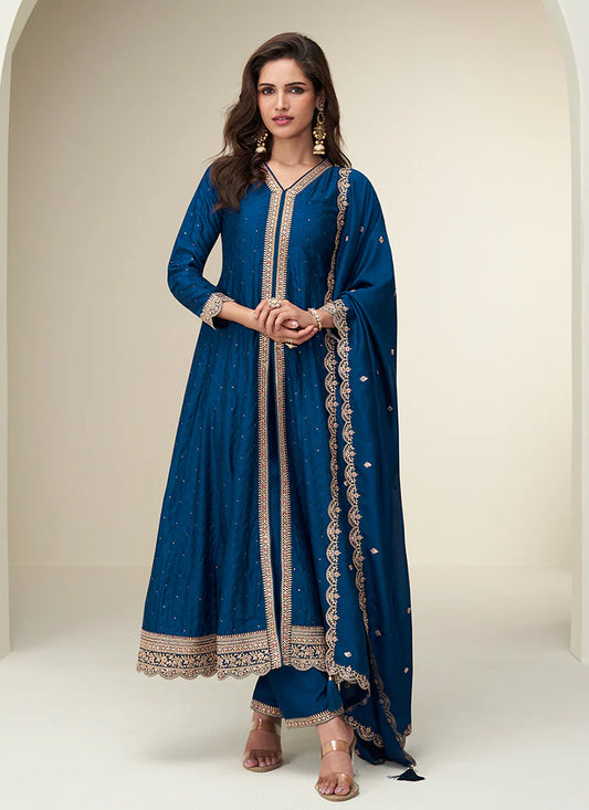 Navy Blue Silk Anarkali Suit with Dupatta For Indian Festival