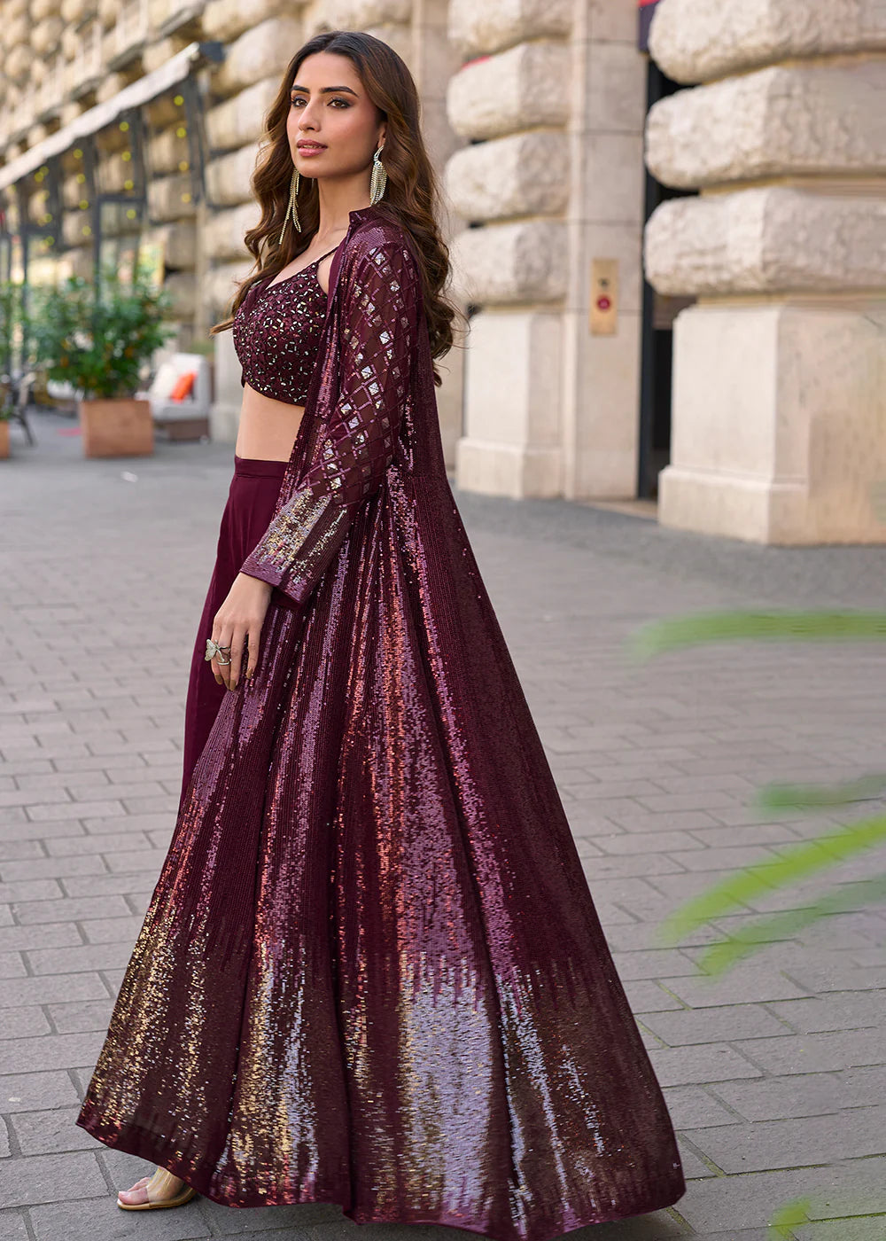 Designer Wine Jacket & Crop Top Indo Western Suit – Modern Party Look