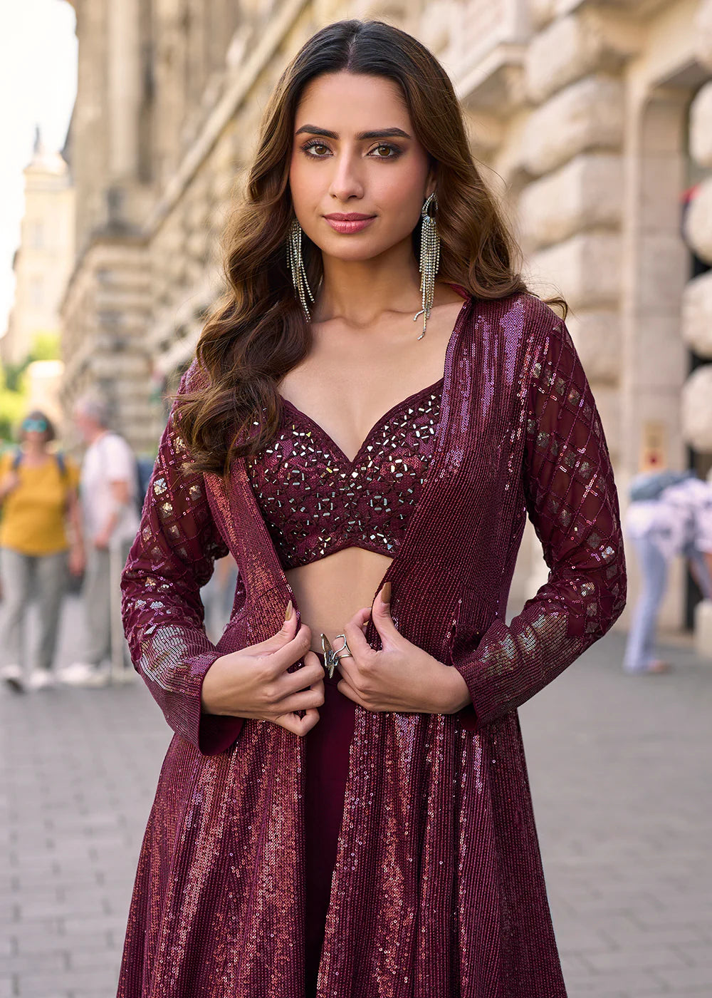 Designer Wine Jacket & Crop Top Indo Western Suit – Modern Party Look