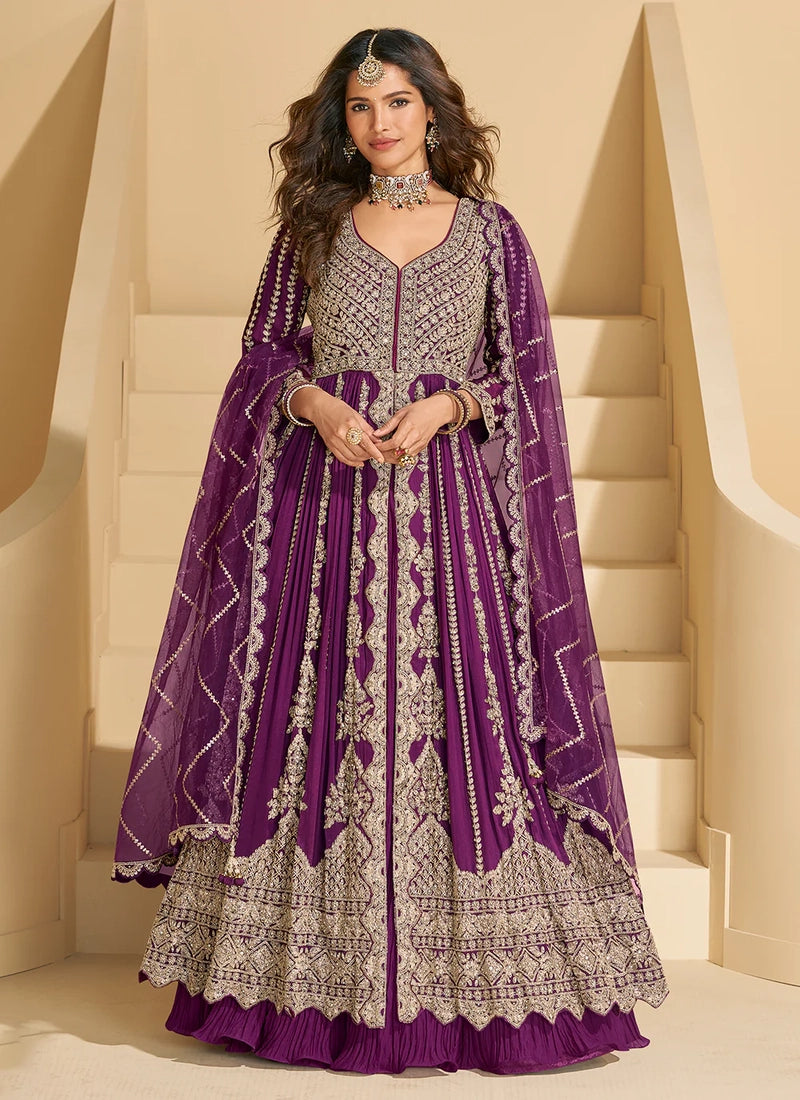 Plum Chinon Anarkali Gown with Long Sleeves & Dupatta – Wedding & Festive Collection