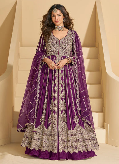 Plum Chinon Anarkali Gown with Long Sleeves & Dupatta – Wedding & Festive Collection