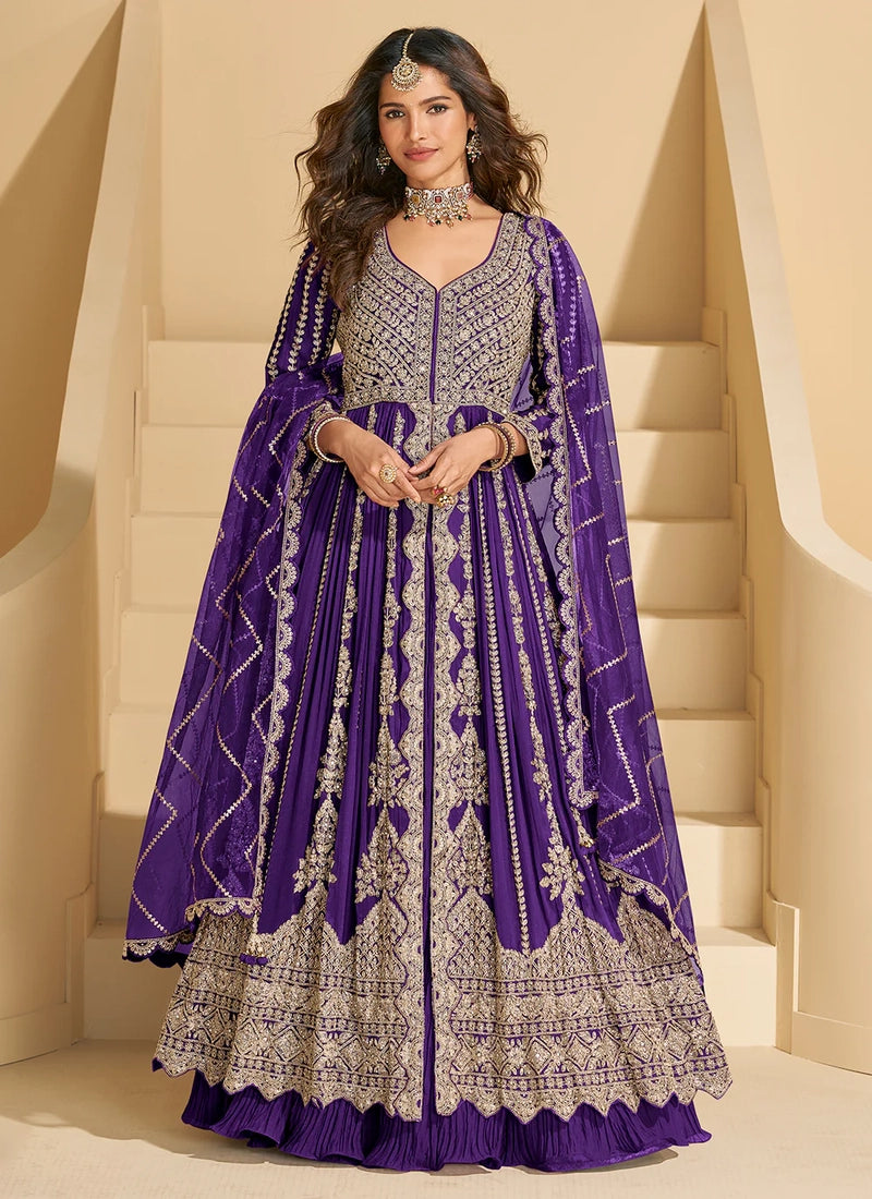 Purple Chinon Anarkali Gown with Long Sleeves & Dupatta – Designer Wedding Outfit