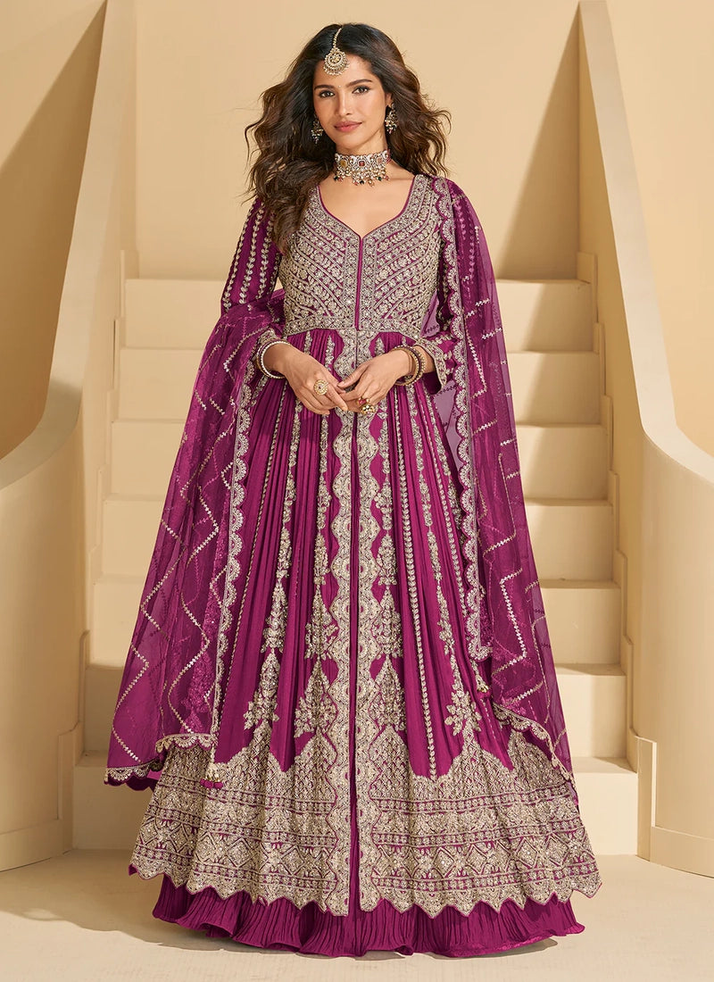 Magenta Chinon Anarkali Gown with Long Sleeves & Dupatta – Bridal & Festive Wear