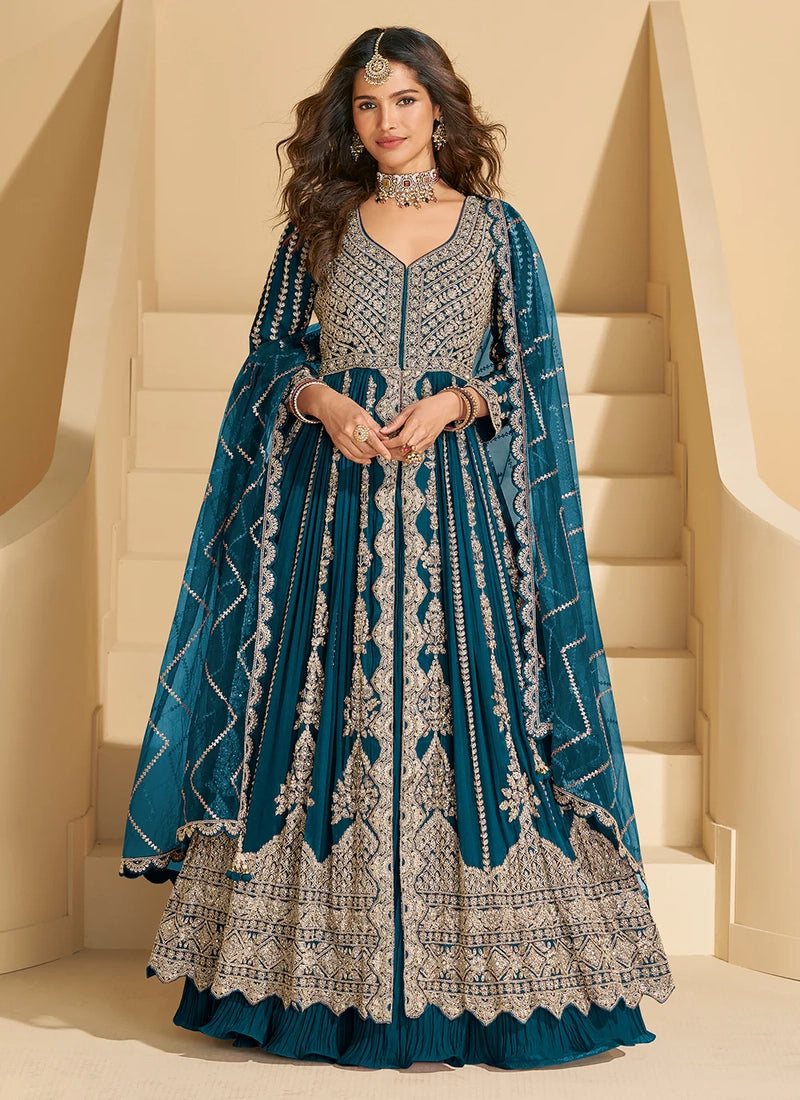 Teal Blue Chinon Anarkali Gown with Long Sleeves & Dupatta – Wedding & Party Wear
