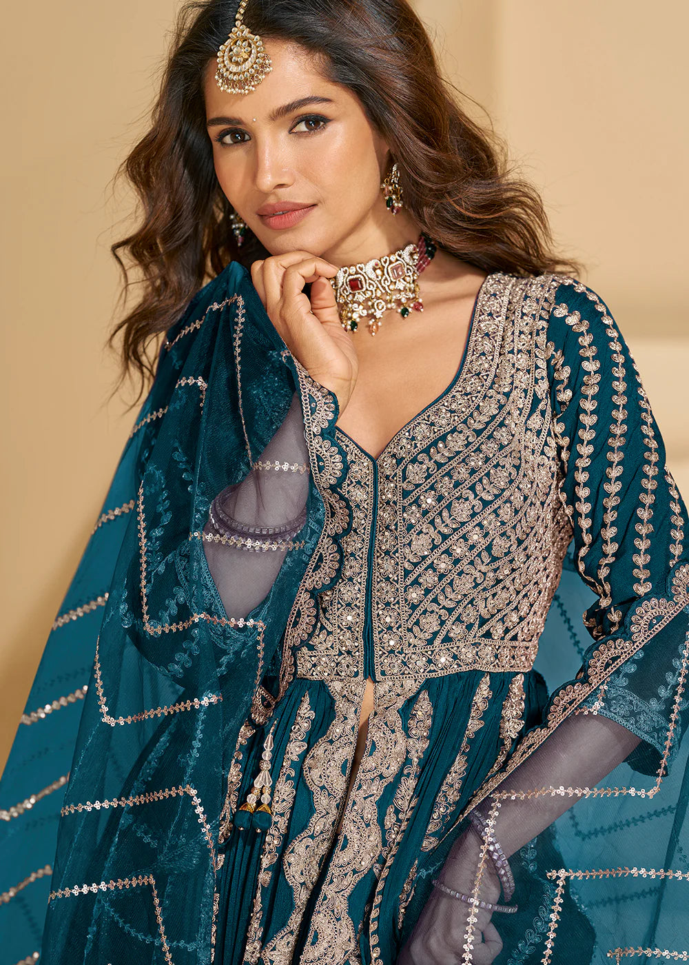 Teal Blue Chinon Anarkali Gown with Long Sleeves & Dupatta – Wedding & Party Wear