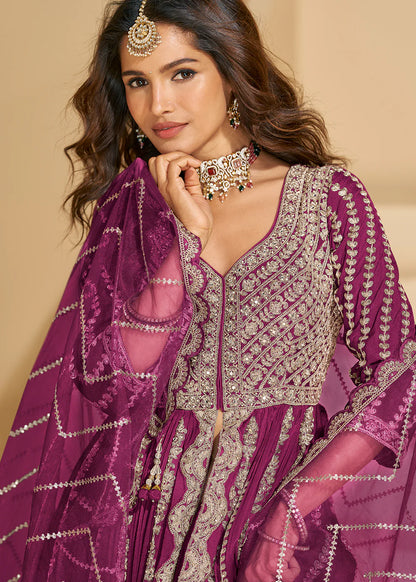 Magenta Chinon Anarkali Gown with Long Sleeves & Dupatta – Bridal & Festive Wear