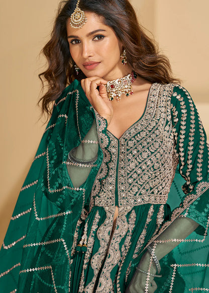 Bottle Green Chinon Anarkali Gown with Long Sleeves & Dupatta – Engagement & Party Wear